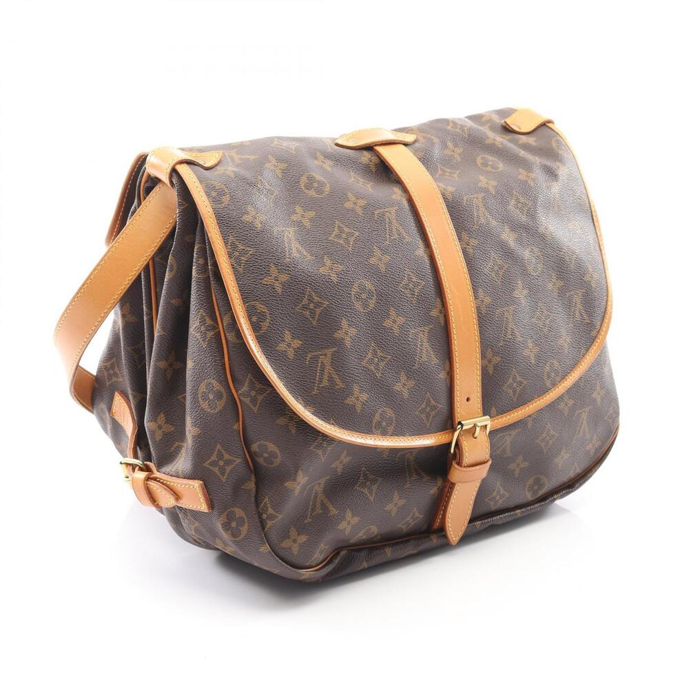 Louis Vuitton Shoulder Leather Brown Bag Canvas Monogram Saumur Brown